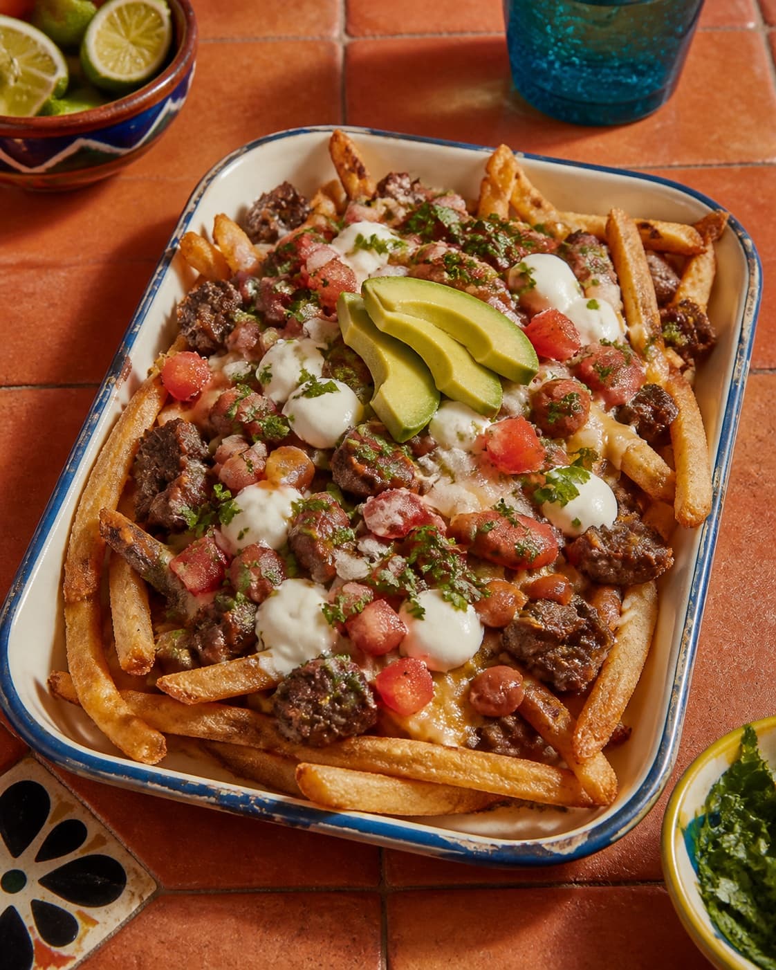 Loaded fries with carne asada, beans, cheese, sour cream, avocado, tomato, onion, and cilantro