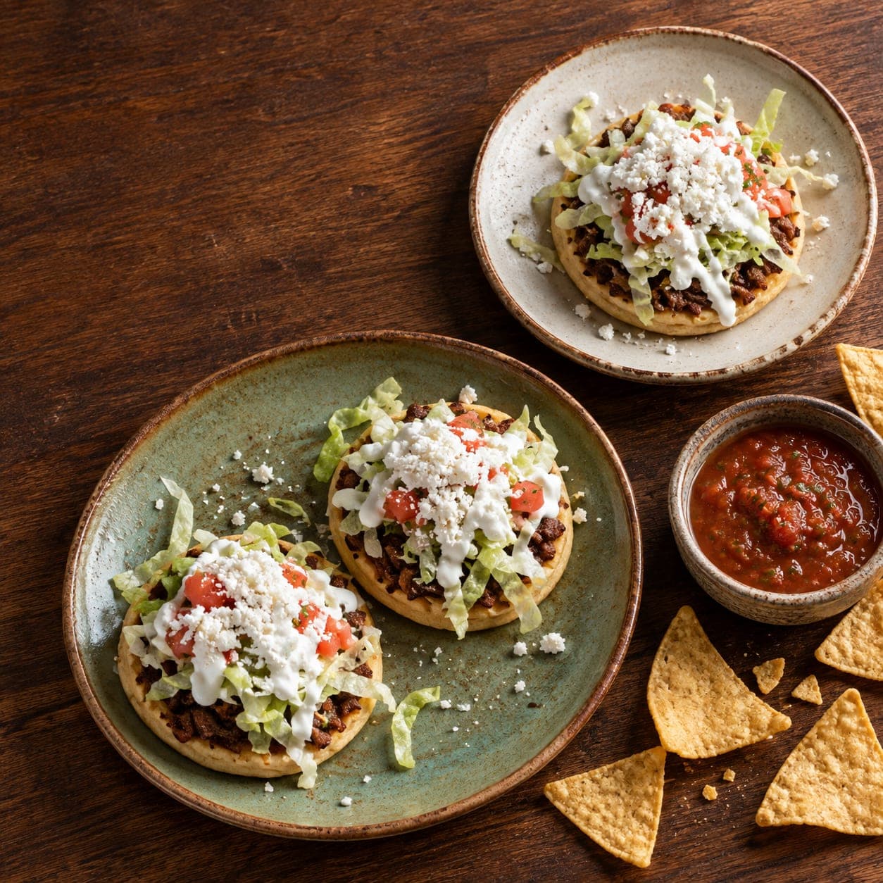 An overhead spread of masa-based dishes, salsa, and chips.